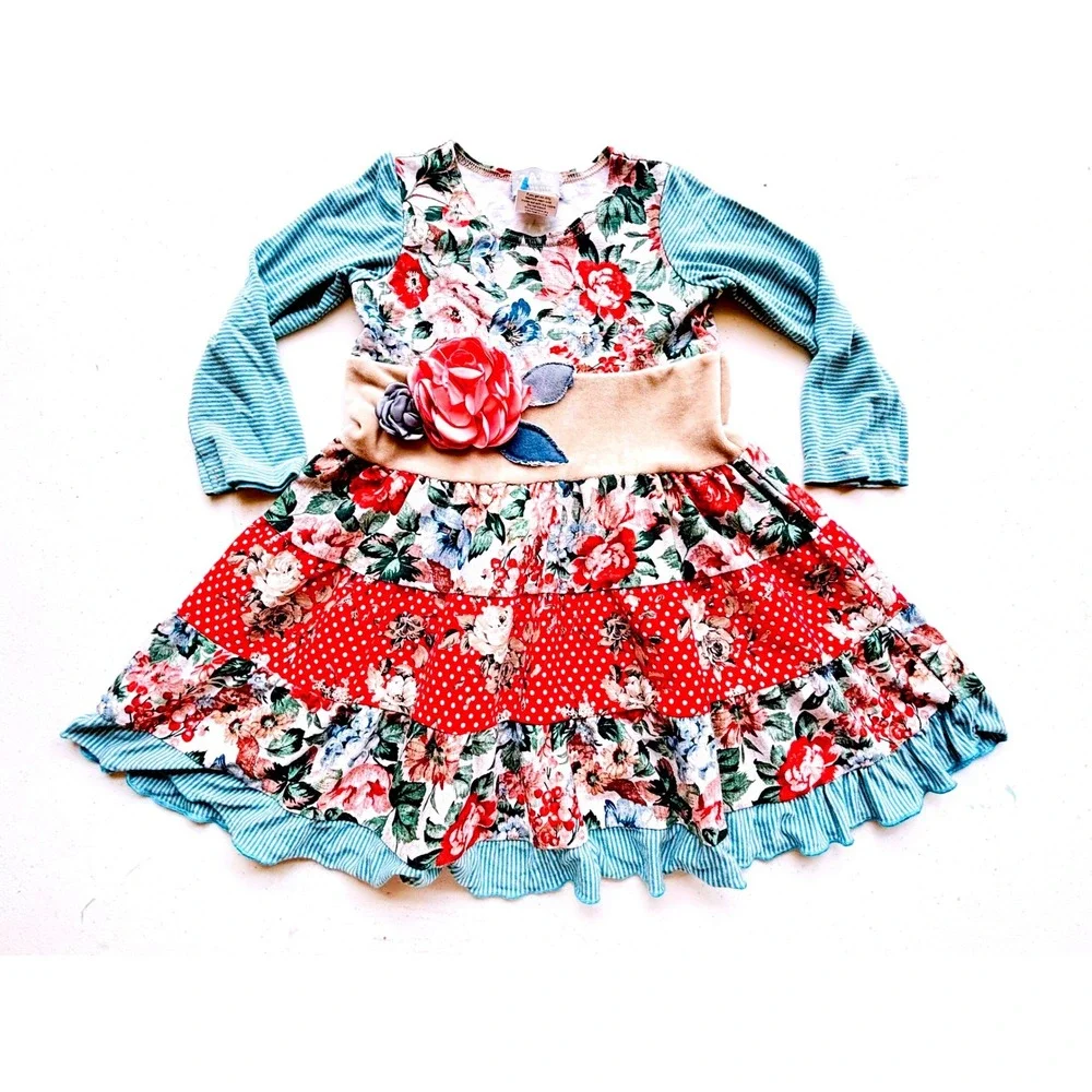 Boutique Floral Polka Dot Tiered Ruffle Dress Toddler 2T Red Blue Excellent
